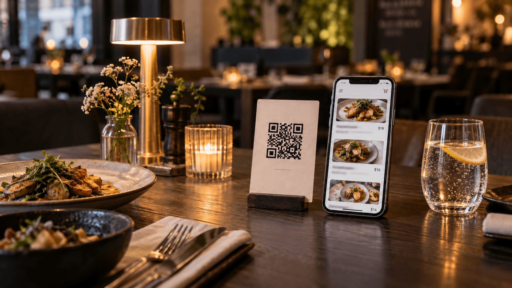 A phone displaying a restaurant menu beside a printed QR card on a warmly lit table